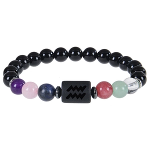 Aquarius zodiac beaded bracelet with natural black obsidian and multi-color crystal stones