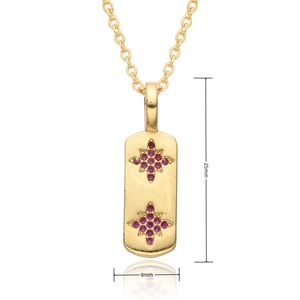 Detailed view of gold necklace pendant with purple crystals and dimensions 25mm by 8mm