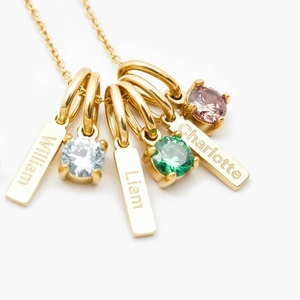 Custom gold stainless steel necklace with three name bars and colorful birthstone charms