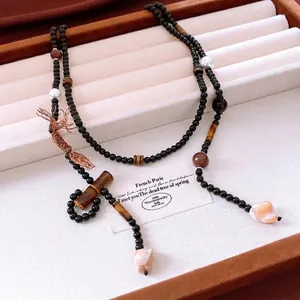 Tiger Eye Glass Beaded Necklace With Artificial Pearl Shell Bamboo Pendant Long Sweater Chain Retro Boho Jewelry For Women