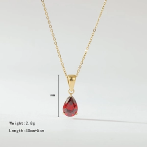 Collar de acero titanio dorado con colgante gota roja, cadena 40cm y dimensiones
