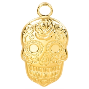 18k gold plated stainless steel sugar skull pendant featuring rose and floral embossing
