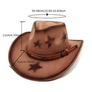 Brown wool fedora western cowboy hat with star prints and adjustable metal buckle belt