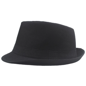 Classic black linen mesh jazz fedora hat with rolled brim and decorative ribbon band