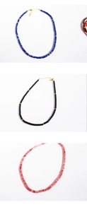 Detailed view of handmade natural lapis lazuli and tiger eye beaded necklaces in 3 colors