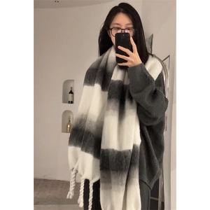 Thick black and white striped mohair shawl with fringe, warm oversized scarf for winter