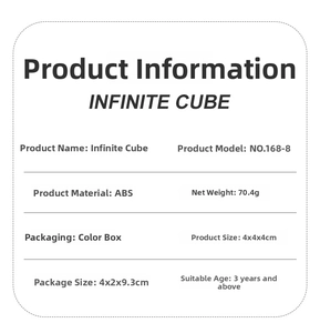 Detailed technical specifications for ABS infinity cube stress relief toy with dimensions