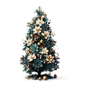 Elegant Christmas tree wall decal with vintage flowers, gold ornaments and red berries
