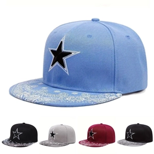 Cotton Snapback Baseball Cap With Star Embroidery And Paisley Brim Pattern Adjustable Hip Hop Flat Brim Hat For Men Women