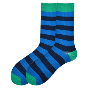 Trendy cotton crew socks with blue stripes and green accents on toe and cuff