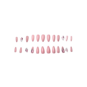 Sweet pink almond press-on nails set with 24 pieces featuring rose floral art patterns