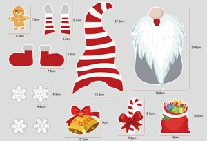 Detailed size chart of Christmas gnome fridge magnets including ginger man and bell pieces