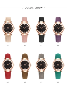 Detailed grid showing 8 colors of starry sky quartz watches with leather straps and rose gold hands