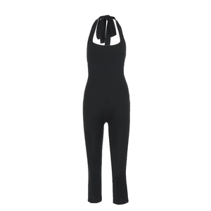 Detail of black halter neck jumpsuit with slim fit design and premium stretch fabric
