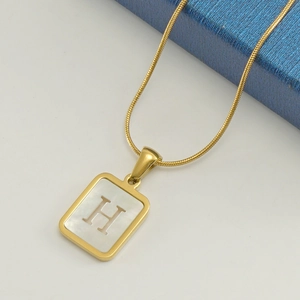 18K gold-plated snake chain necklace with square shell pendant featuring letter H