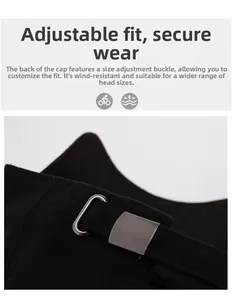 Detail of adjustable metal buckle on black twill cotton baseball cap for a secure fit