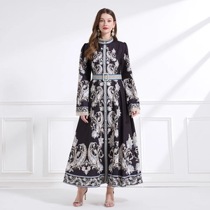 Retro Paisley Print Maxi Dress Stand Collar Lace Cuffs Long Sleeve Belted Elegant Palace Style Women Clothing