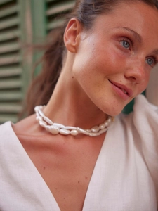 Close-up of double layer baroque pearl necklace with natural iridescent luster on a model