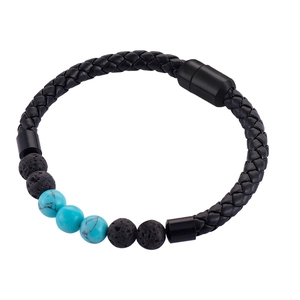 Braided leather bracelet with turquoise and volcanic stone beads featuring a magnetic clasp