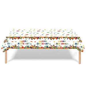 Rectangle block-themed birthday tablecloth with colorful brick pattern and Happy Birthday text