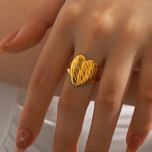 Textured Heart Ring Stainless Steel 18K Gold Plated Geometric Adjustable Open Design Minimalist Fashion Jewelry Women