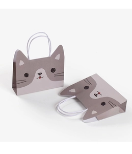 Detailed view of gray cartoon cat paper gift bag with cute ears and white rope handle