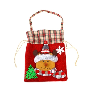 Christmas reindeer gift bag with red felt, plaid trim and festive drawstring handle