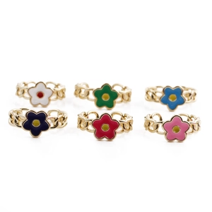 Flower Ring Copper Enamel Drip Oil Chain Hollow Adjustable Open Finger Jewelry Retro Hip Hop Style For Women