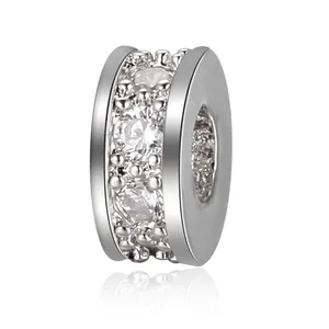 Polished silver color spacer bead with micro-pave clear cubic zirconia stones