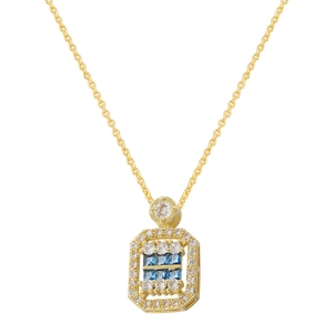 Detailed close-up of a square pendant with blue crystals and white diamonds on a gold chain