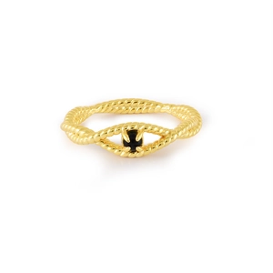 Detail of twisted rope gold cocktail ring featuring a round black gemstone setting