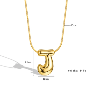 Detailed view of gold puff letter J pendant with chain length and weight specifications