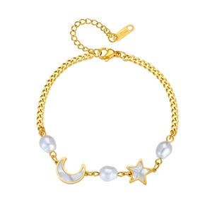 Gold stainless steel bracelet with moon, star charms and white pearls on white background