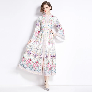 Ethnic stand-collar printed maxi dress with colorful floral patterns and slit design