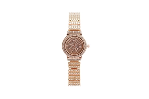 Detailed close-up of rose gold women's watch featuring a full crystal paved dial and band