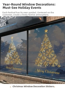 Golden Christmas tree snowflake stickers on glass window with Merry Christmas text