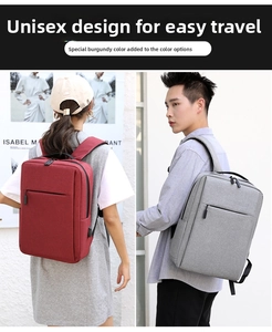 USB charging business backpack detail showing wine red and light grey travel laptop bags