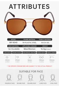 Detailed size chart for polarized sunglasses featuring TR frames and TAC lens measurements