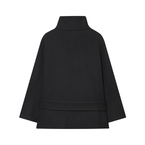 Women's black wool short coat with high neck and back view on white background