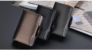 Three RFID carbon fiber wallets in bronze, black and grey showing slim metal frame details