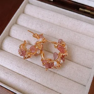 Vintage Rose Flower C-Shape Hoop Earrings With Strawberry Quartz Imitation Artificial Pearls And Silver Earring Post 18K Gold Plated