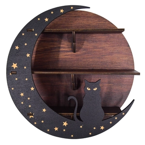 Bohemian moon and cat wall shelf with three tiers for crystals and jewelry