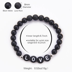 Natural black matte bead and lava rock LOVE letter bracelet for couples, 8mm beads