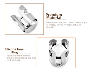 Detail of stainless steel champagne stopper with silicone seal and locking buckles