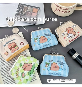Flat lay of multiple cute Capybara cartoon PU leather mini purses with metal clasps