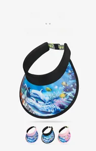 Detail of kids sun visor hats with ocean animal prints and colorful happy patterns