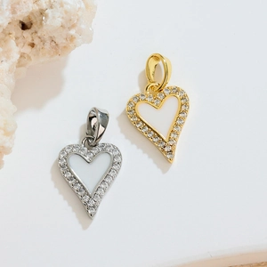 French vintage heart pendant necklace in gold and silver with zircon and white enamel