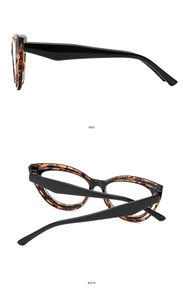 Side and back view of chic cat-eye glasses frame with tortoiseshell pattern and black temples