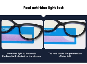 Test luce blu che mostra la protezione delle lenti su montatura occhiali cat-eye