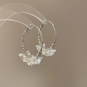 Detailed macro view of silver hoop earrings with white acrylic flowers on transparent stand